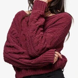 Free People Burgundy Relaxed Fit Loose Cable Knit Sweater, Size XS